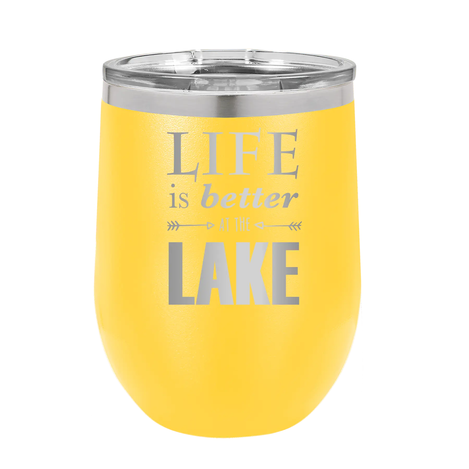Laser etched yellow 12 oz vacuum insulated wine cup with 'Life is Better at the Lake' design