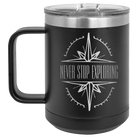 Laser etched black 15 oz vacuum insulated coffee mug with 'Never Stop Exploring' design