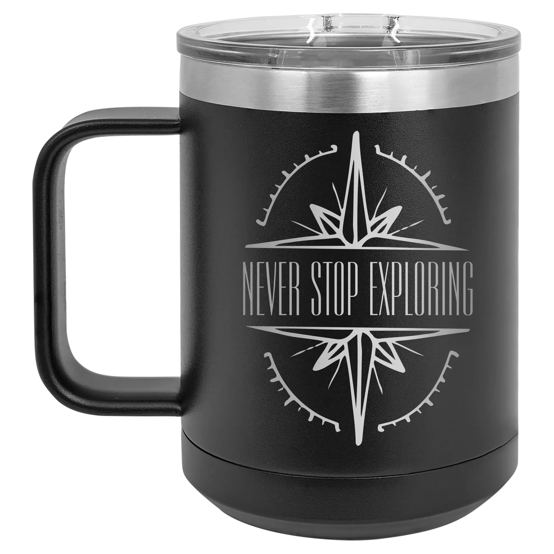 Laser etched black 15 oz vacuum insulated coffee mug with 'Never Stop Exploring' design