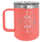 Laser etched coral 15 oz vacuum insulated coffee mug with 'Never Stop Exploring' design