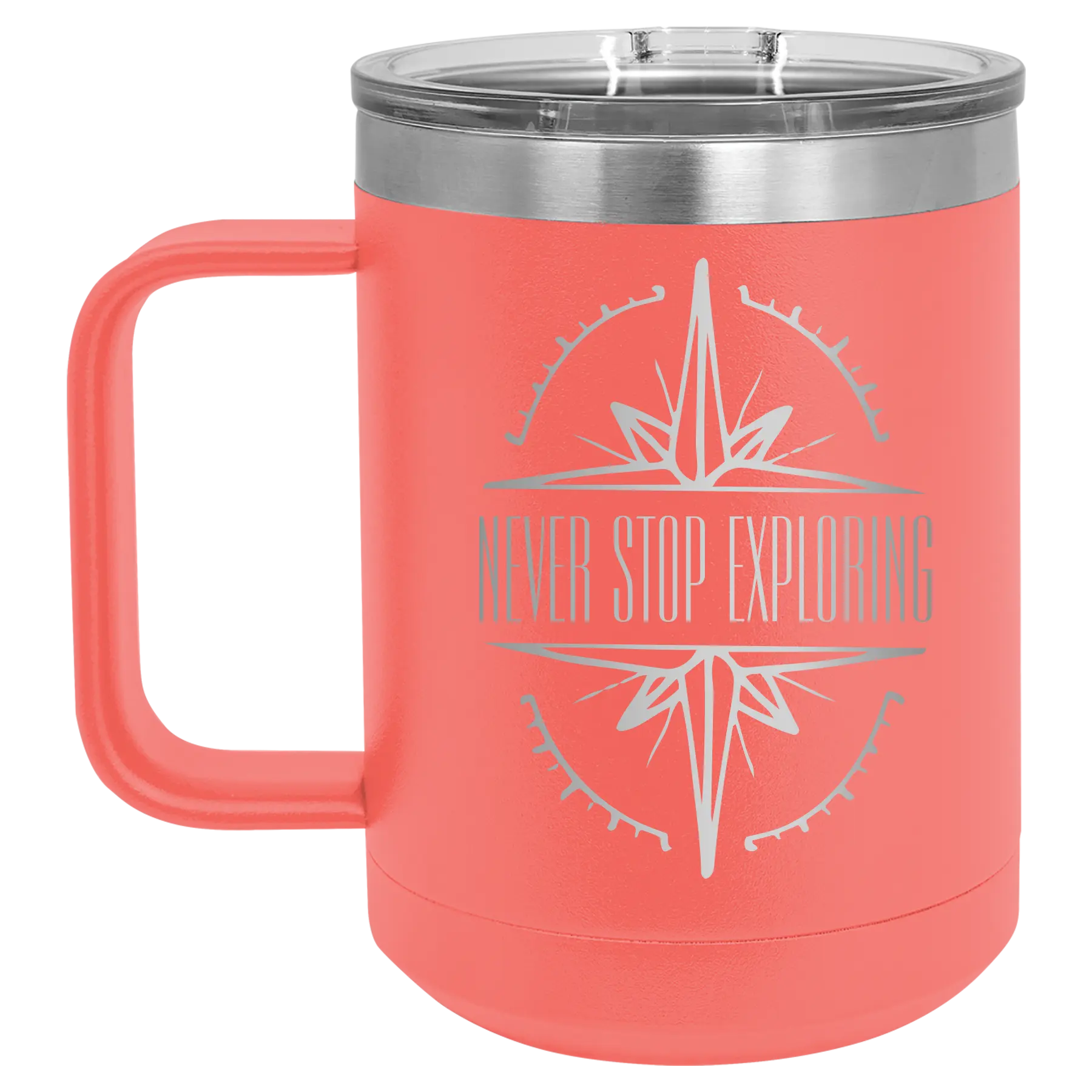 Laser etched coral 15 oz vacuum insulated coffee mug with 'Never Stop Exploring' design