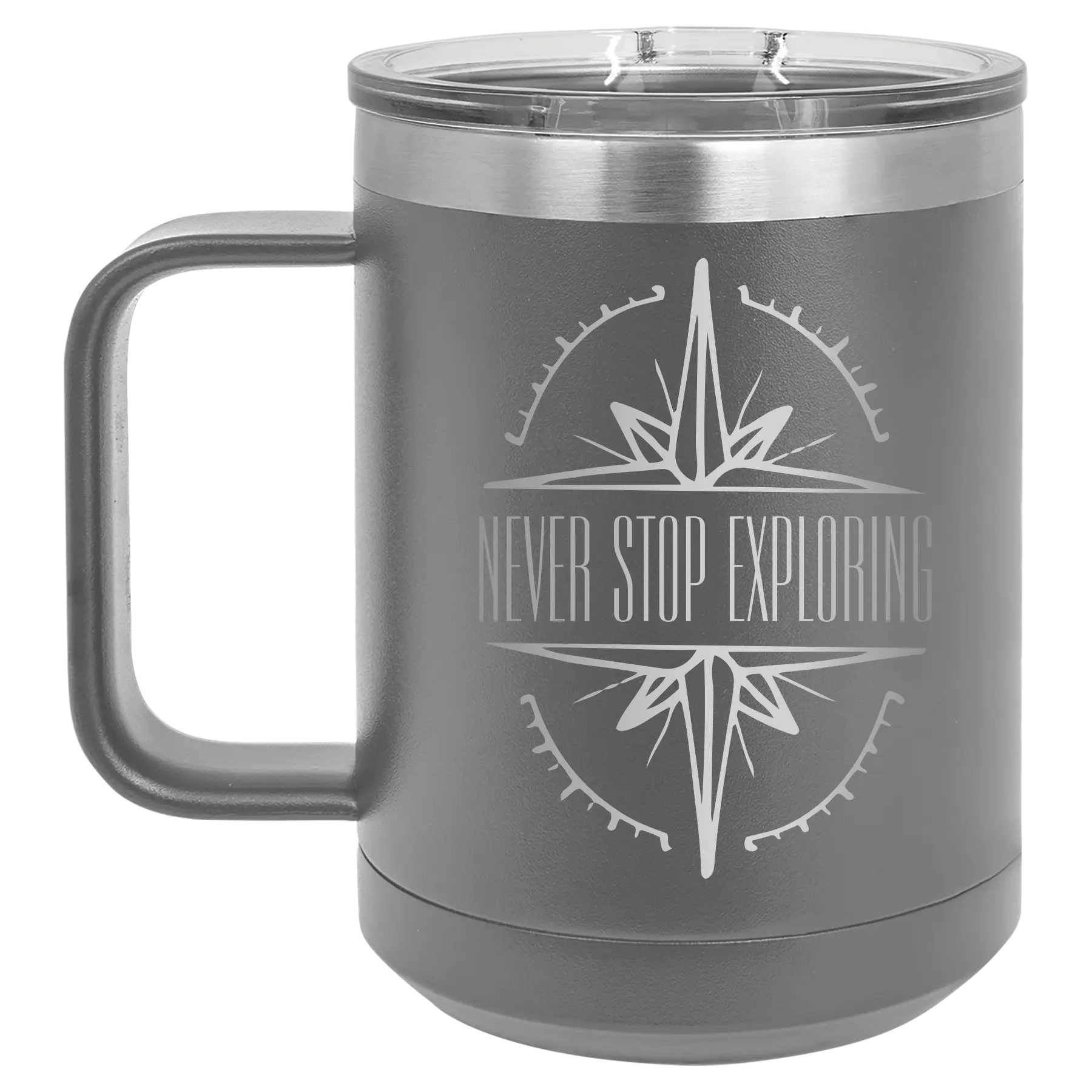 Laser etched dark gray 15 oz vacuum insulated coffee mug with 'Never Stop Exploring' design