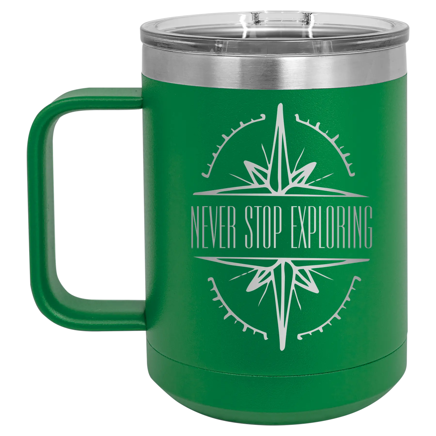 Laser etched green 15 oz vacuum insulated coffee mug with 'Never Stop Exploring' design