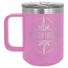 Laser etched light purple 15 oz vacuum insulated coffee mug with 'Never Stop Exploring' design
