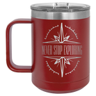 Laser etched maroon 15 oz vacuum insulated coffee mug with 'Never Stop Exploring' design