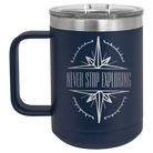 Laser etched navy 15 oz vacuum insulated coffee mug with 'Never Stop Exploring' design