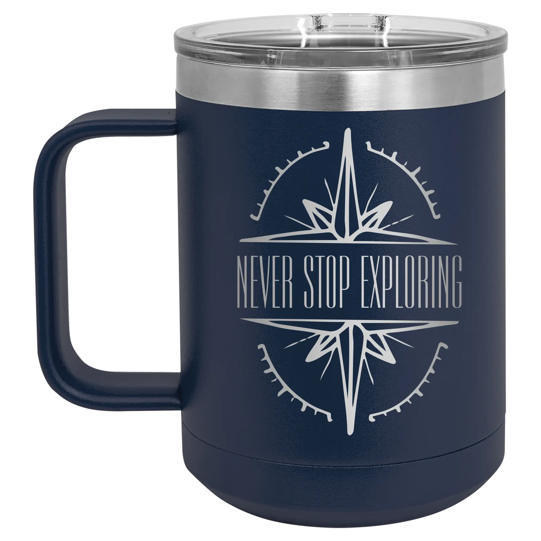Laser etched navy 15 oz vacuum insulated coffee mug with 'Never Stop Exploring' design