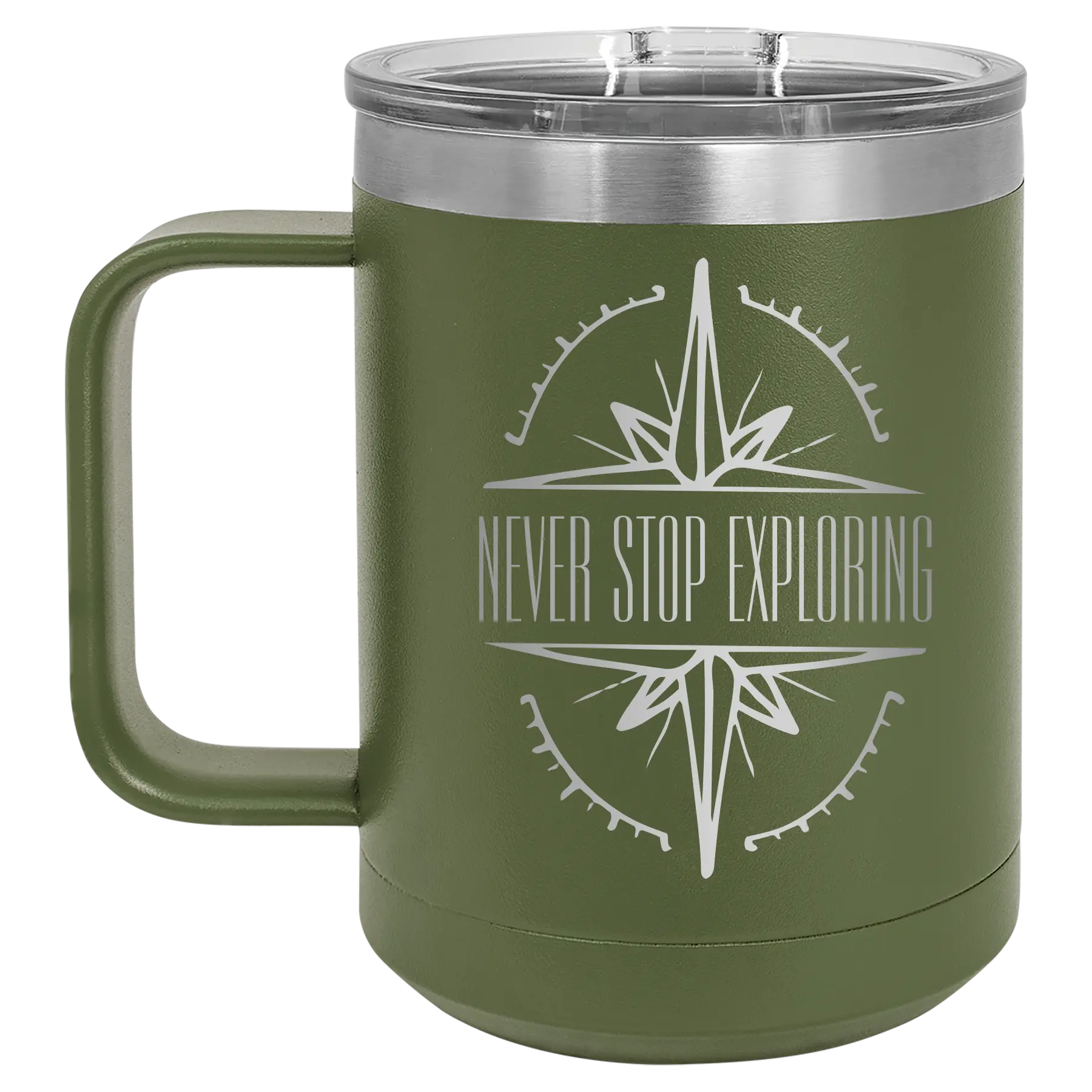 Laser etched olive green 15 oz vacuum insulated coffee mug with 'Never Stop Exploring' design