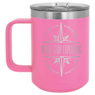 Laser etched pink 15 oz vacuum insulated coffee mug with 'Never Stop Exploring' design