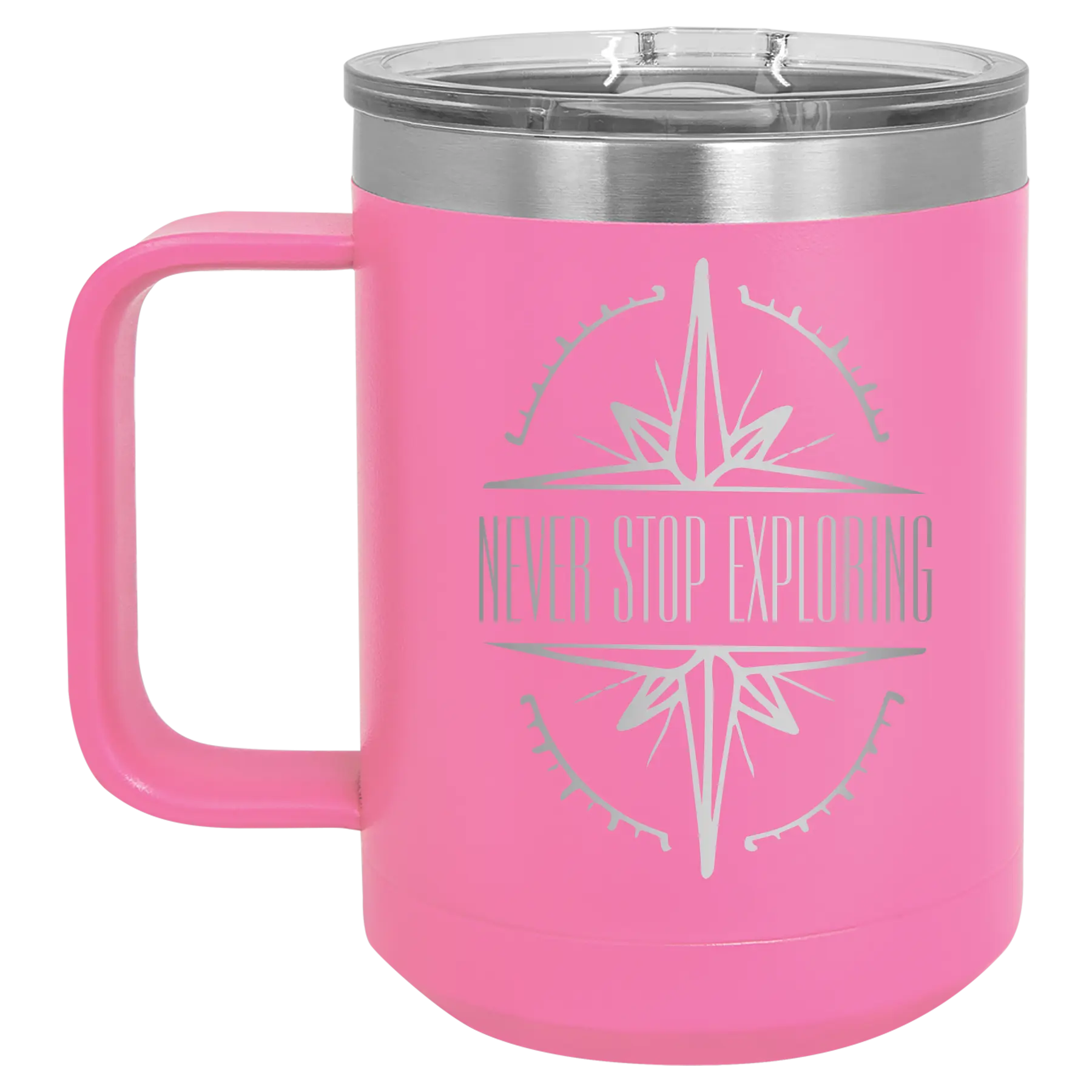 Laser etched pink 15 oz vacuum insulated coffee mug with 'Never Stop Exploring' design