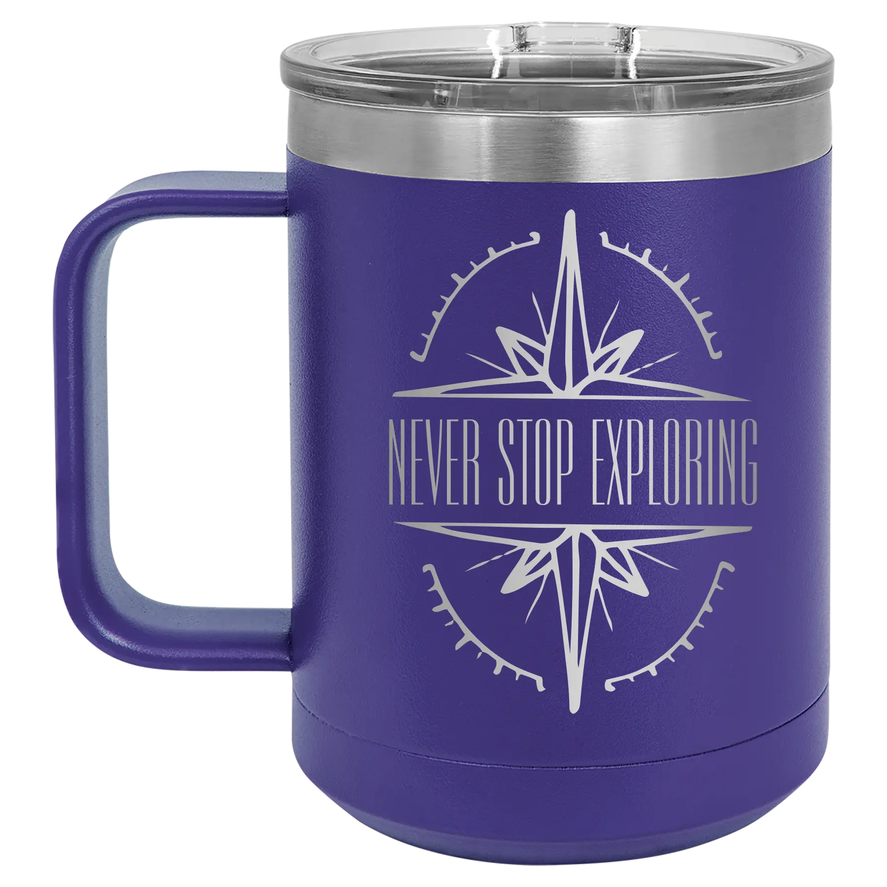 Laser etched purple 15 oz vacuum insulated coffee mug with 'Never Stop Exploring' design