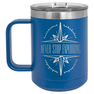 Laser etched royal blue 15 oz vacuum insulated coffee mug with 'Never Stop Exploring' design