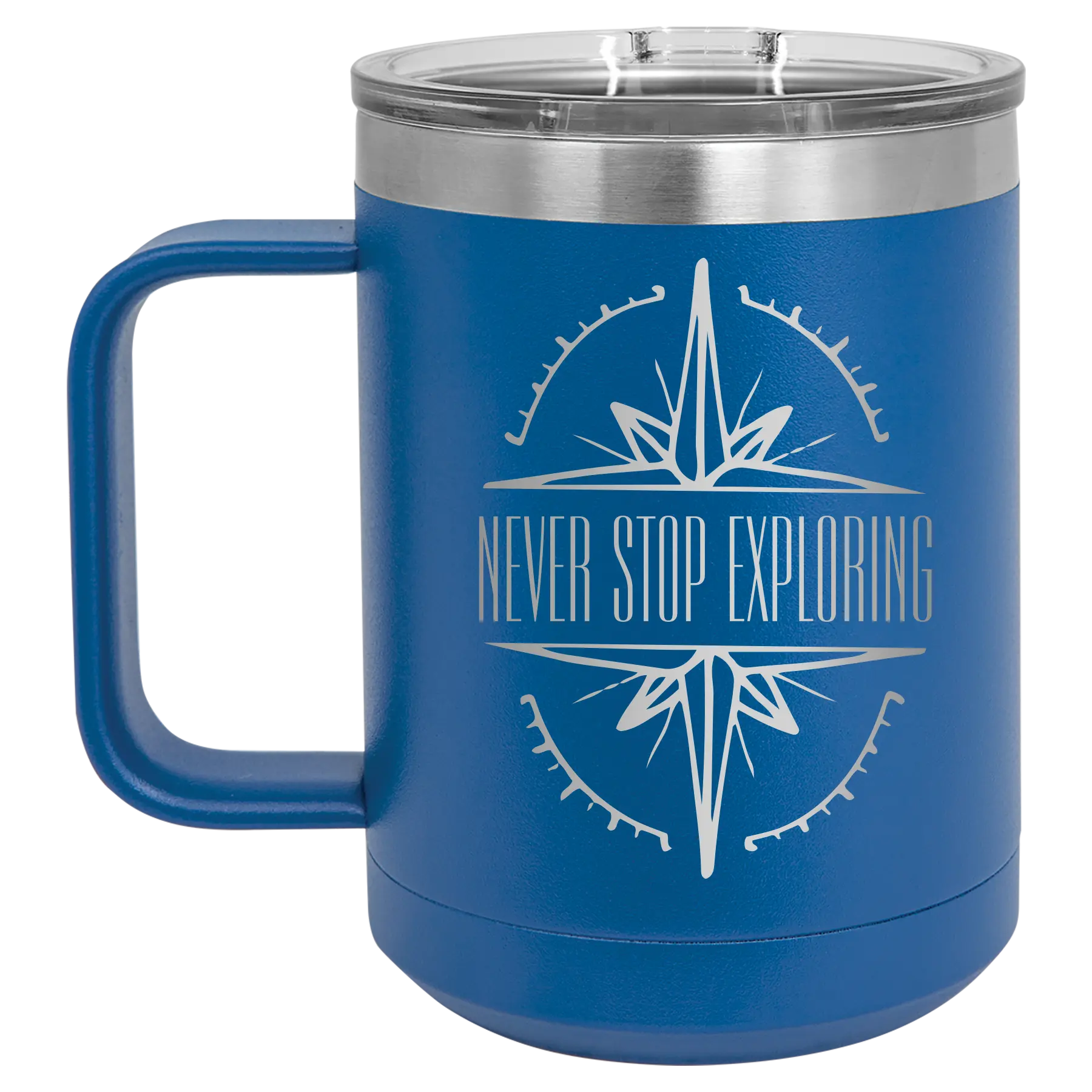 Laser etched royal blue 15 oz vacuum insulated coffee mug with 'Never Stop Exploring' design