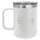 Laser etched white 15 oz vacuum insulated coffee mug with 'Never Stop Exploring' design