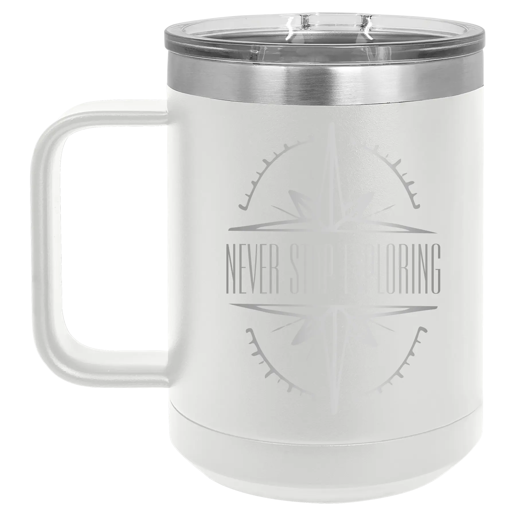 Laser etched white 15 oz vacuum insulated coffee mug with 'Never Stop Exploring' design