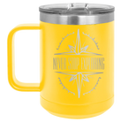 Laser etched yellow 15 oz vacuum insulated coffee mug with 'Never Stop Exploring' design