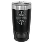 Laser etched black 20 oz vacuum insulated tumbler with 'Never Stop Exploring' design