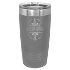 Laser etched dark gray 20 oz vacuum insulated tumbler with 'Never Stop Exploring' design