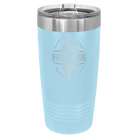 Laser etched light blue 20 oz vacuum insulated tumbler with 'Never Stop Exploring' design
