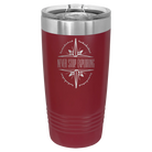 Laser etched maroon 20 oz vacuum insulated tumbler with 'Never Stop Exploring' design
