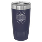 Laser etched navy 20 oz vacuum insulated tumbler with 'Never Stop Exploring' design