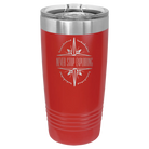 Laser etched red 20 oz vacuum insulated tumbler with 'Never Stop Exploring' design