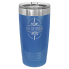 Laser etched royal blue 20 oz vacuum insulated tumbler with 'Never Stop Exploring' design