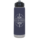 Laser etched navy 20 oz vacuum insulated water bottle with 'Never Stop Exploring' design