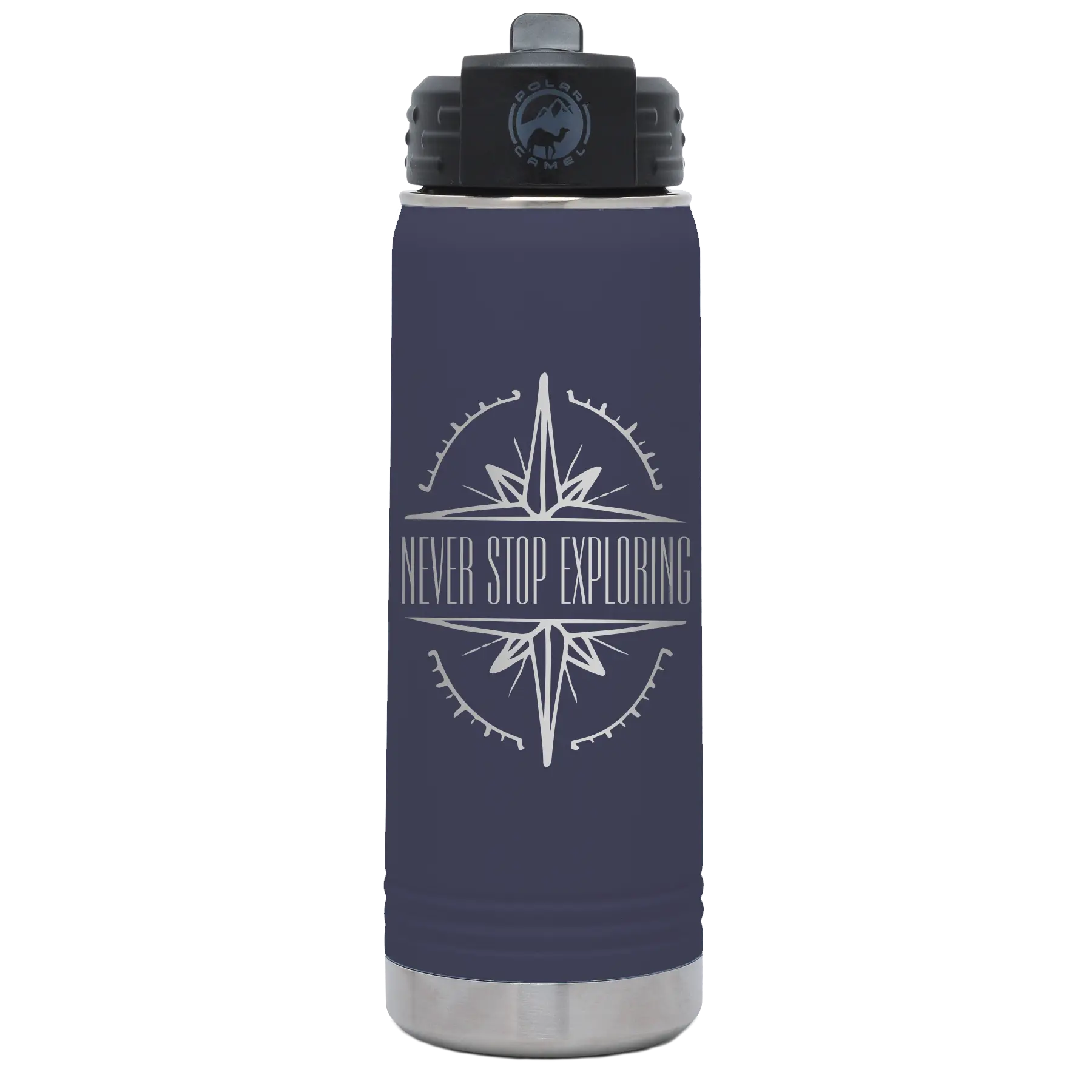 Laser etched navy 20 oz vacuum insulated water bottle with 'Never Stop Exploring' design