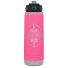 Laser etched pink 20 oz vacuum insulated water bottle with 'Never Stop Exploring' design