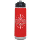 Laser etched red 20 oz vacuum insulated water bottle with 'Never Stop Exploring' design