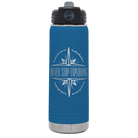 Laser etched royal blue 20 oz vacuum insulated water bottle with 'Never Stop Exploring' design