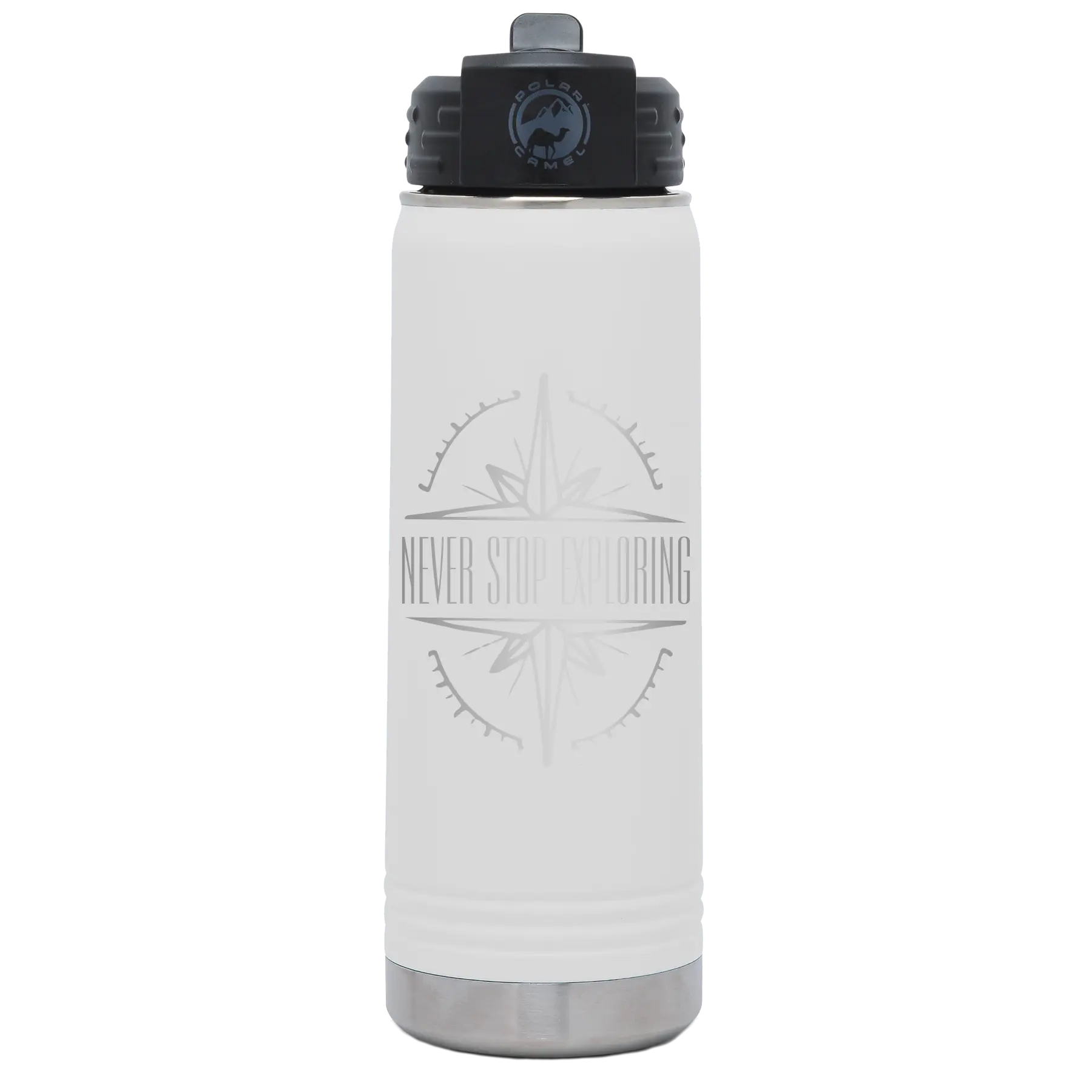 Laser etched white 20 oz vacuum insulated water bottle with 'Never Stop Exploring' design