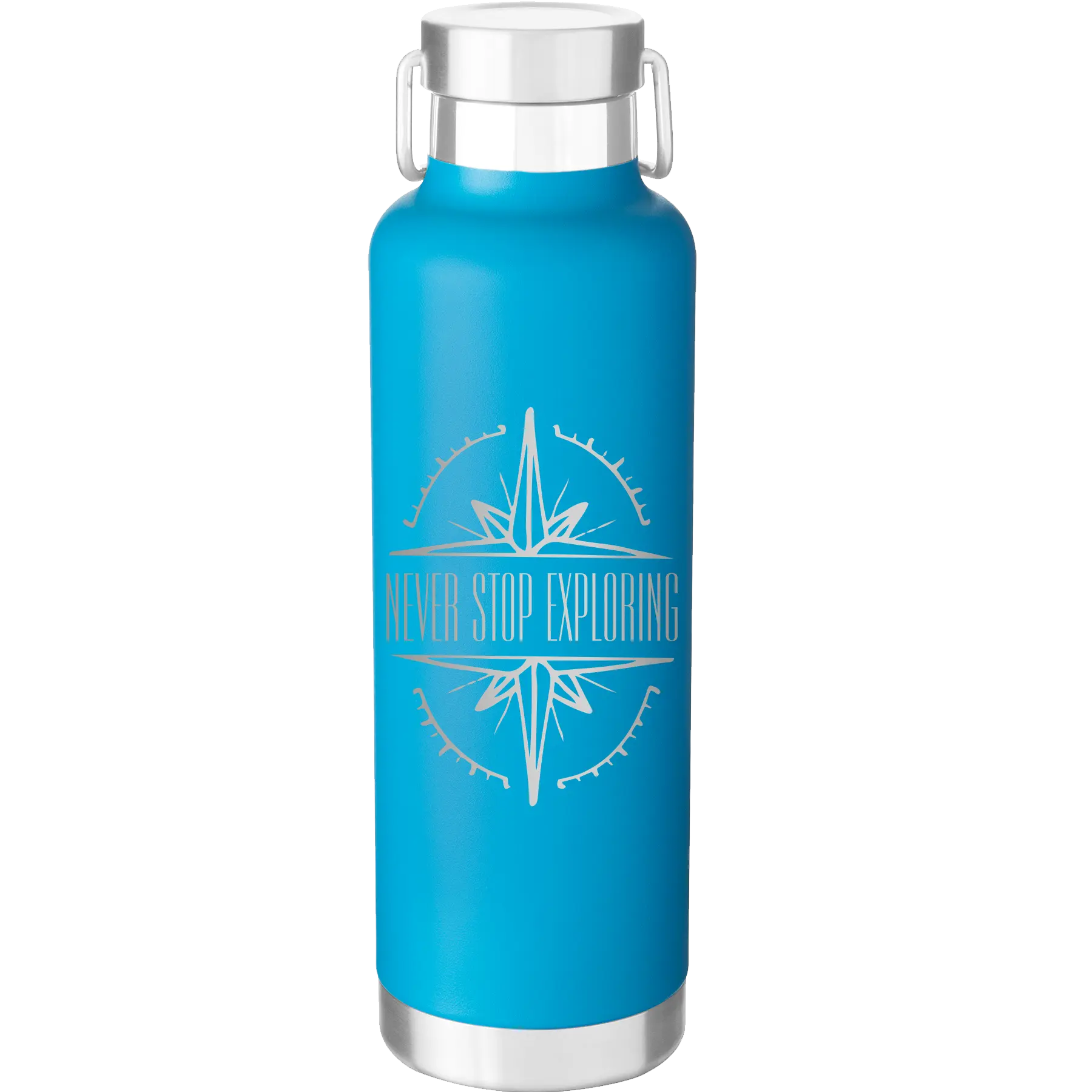 Laser etched aqua 24 oz vacuum insulated water bottle with 'Never Stop Exploring' design