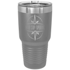 Laser etched dark gray 30 oz vacuum insulated tumbler with 'Never Stop Exploring' design