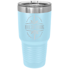 Laser etched light blue 30 oz vacuum insulated tumbler with 'Never Stop Exploring' design