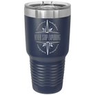 Laser etched navy 30 oz vacuum insulated tumbler with 'Never Stop Exploring' design