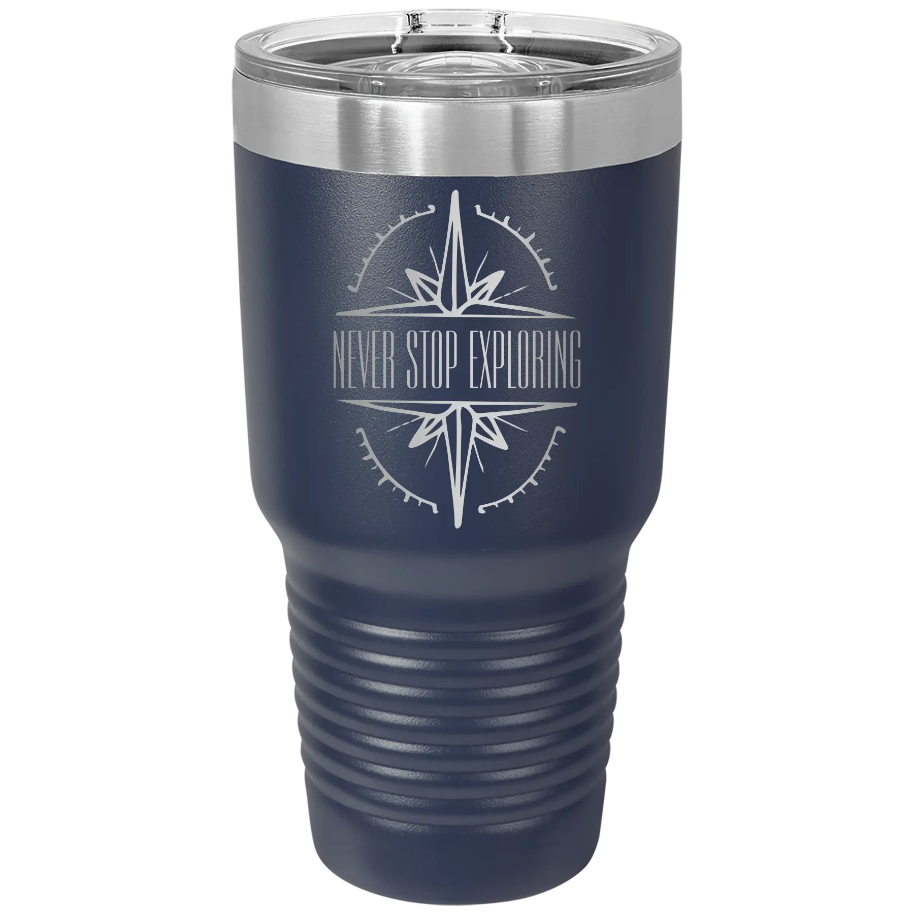 Laser etched navy 30 oz vacuum insulated tumbler with 'Never Stop Exploring' design