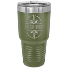Laser etched olive green 30 oz vacuum insulated tumbler with 'Never Stop Exploring' design