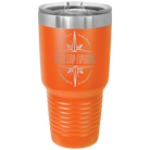 Laser etched orange 30 oz vacuum insulated tumbler with 'Never Stop Exploring' design