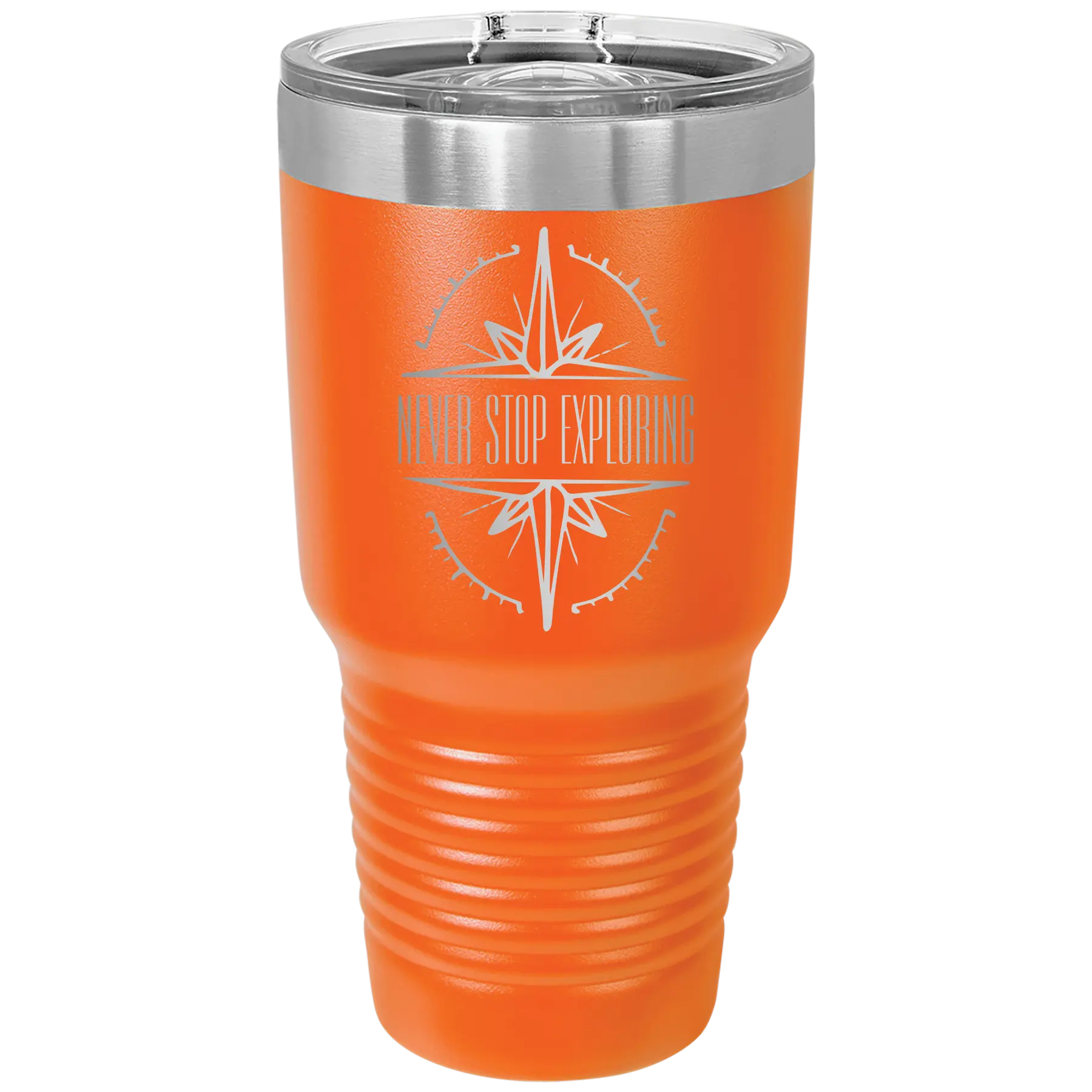 Laser etched orange 30 oz vacuum insulated tumbler with 'Never Stop Exploring' design
