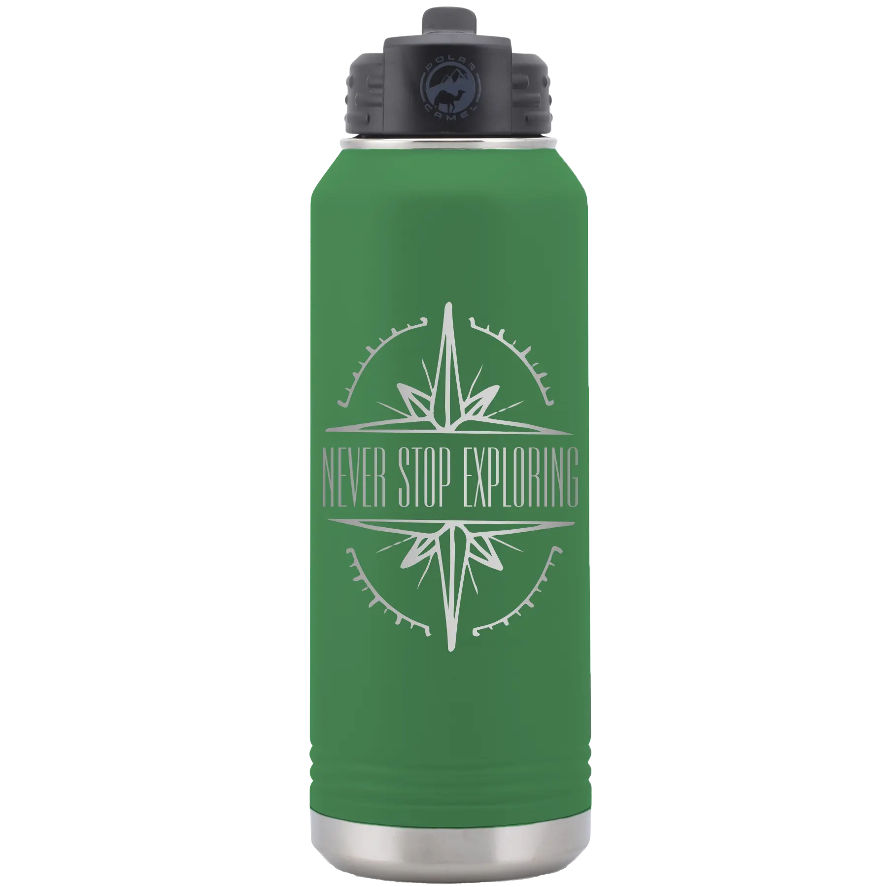 Laser etched green 32 oz vacuum insulated water bottle with 'Never Stop Exploring' design