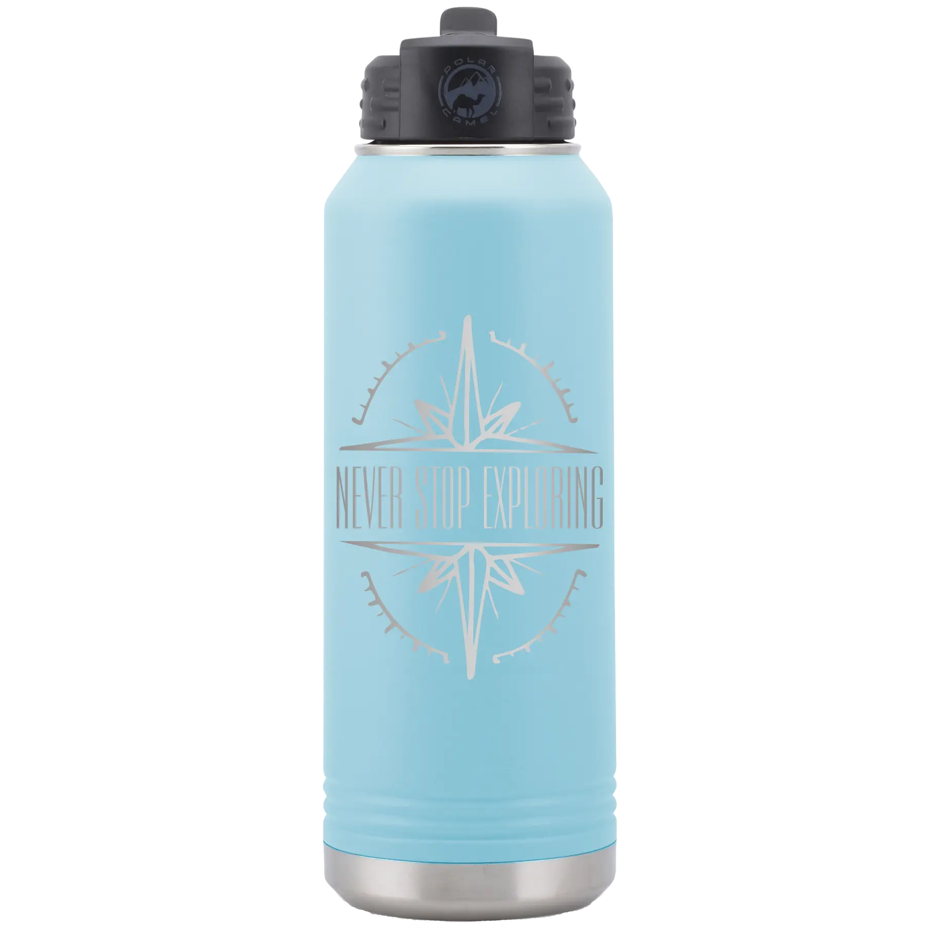 Laser etched light blue 32 oz vacuum insulated water bottle with 'Never Stop Exploring' design
