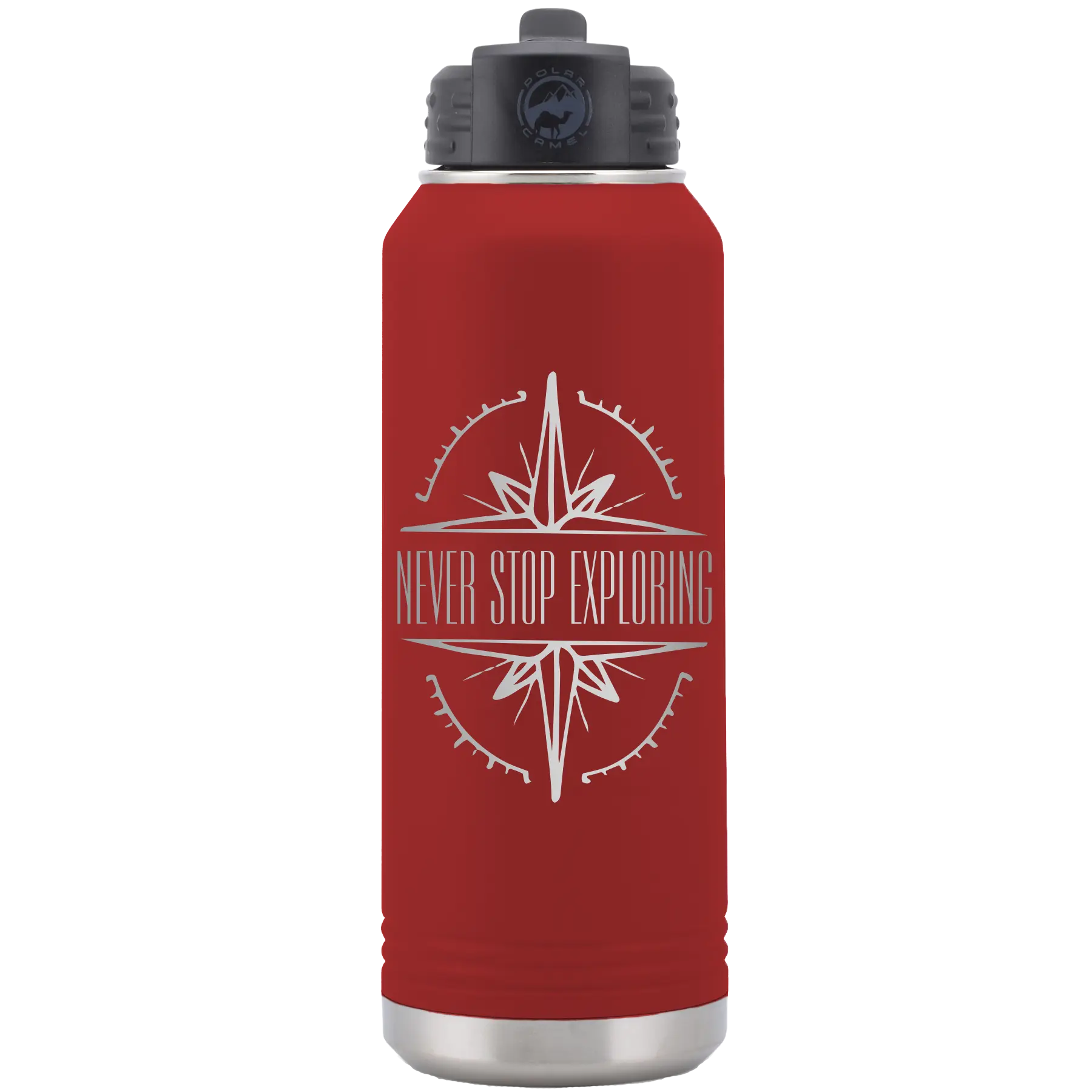 Laser etched maroon 32 oz vacuum insulated water bottle with 'Never Stop Exploring' design