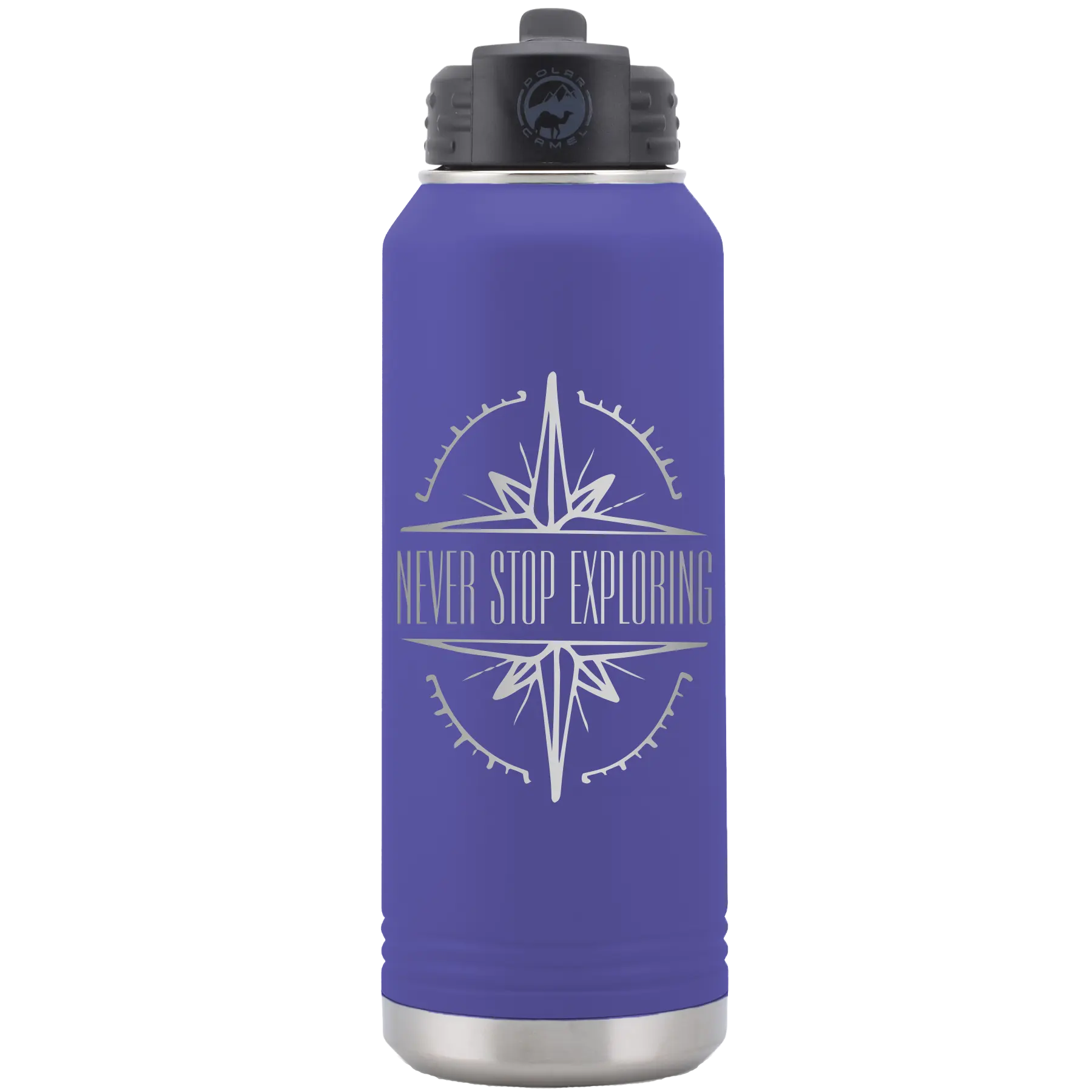 Laser etched purple 32 oz vacuum insulated water bottle with 'Never Stop Exploring' design