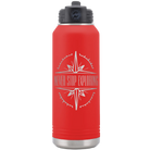 Laser etched red 32 oz vacuum insulated water bottle with 'Never Stop Exploring' design