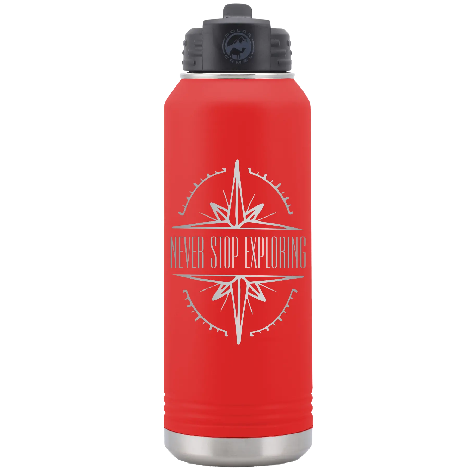 Laser etched red 32 oz vacuum insulated water bottle with 'Never Stop Exploring' design