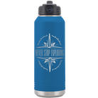 Laser etched royal blue 32 oz vacuum insulated water bottle with 'Never Stop Exploring' design