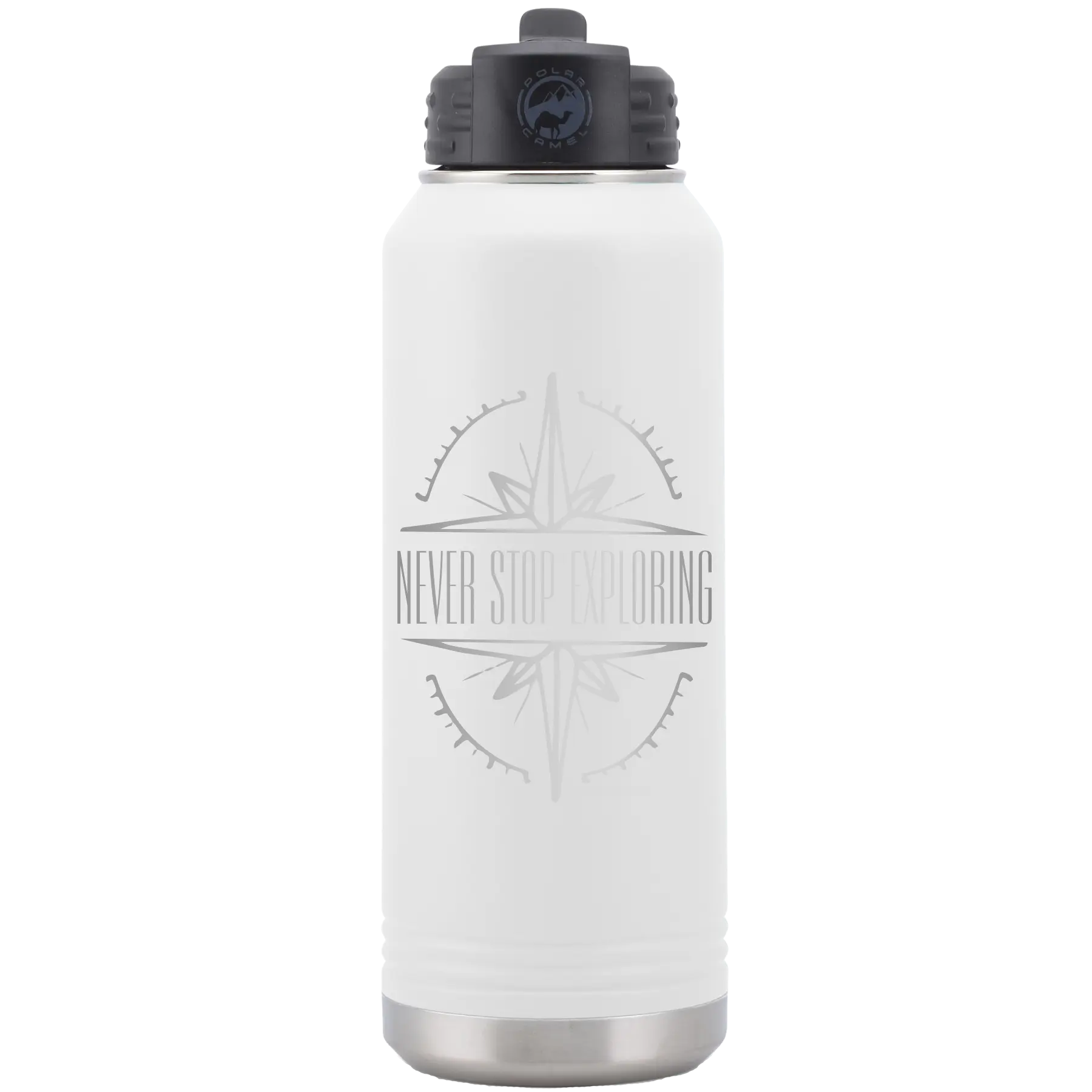 Laser etched white 32 oz vacuum insulated water bottle with 'Never Stop Exploring' design
