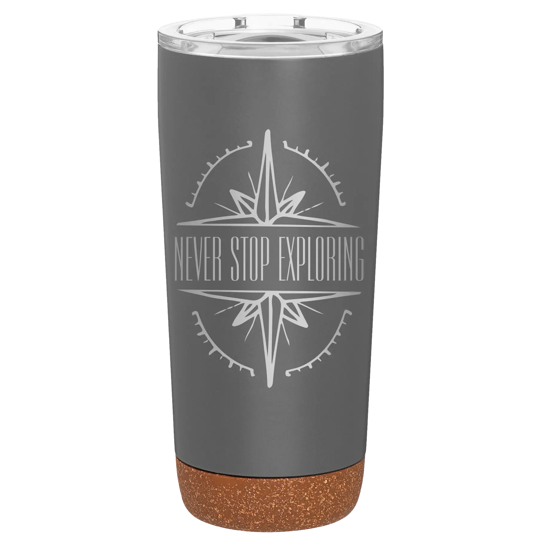 Laser etched storm gray 20 oz vacuum insulated tumbler with 'Never Stop Exploring' design